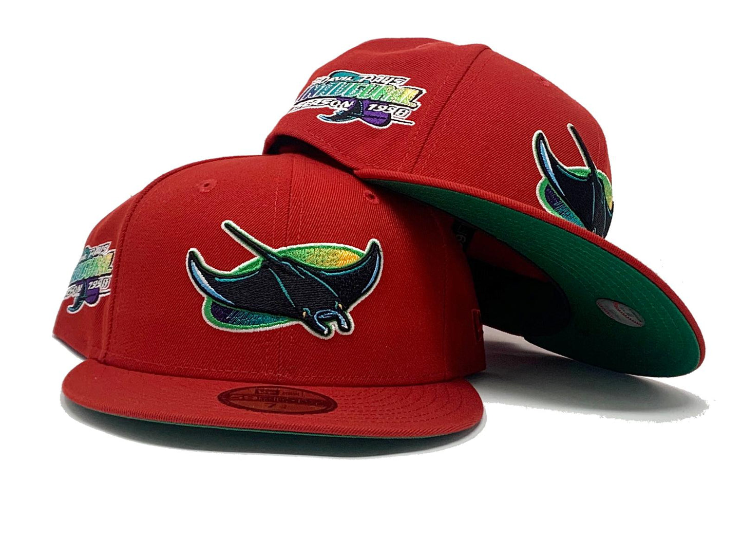 TAMPA BAY DEVIL RAYS 1998 INAUGURAL SEASON RED GREEN BRIM NEW ERA FITTED HAT
