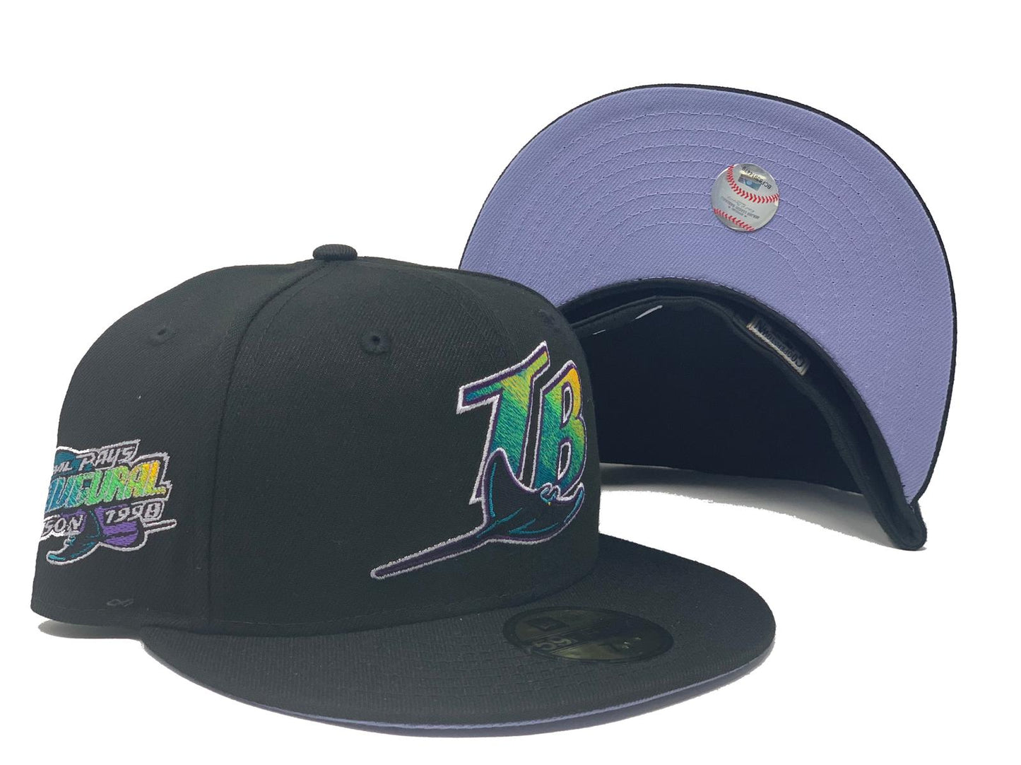 TAMPA BAY 1998 INAUGURAL SEASON BLACK LAVENDER BRIM NEW ERA FITTED HAT