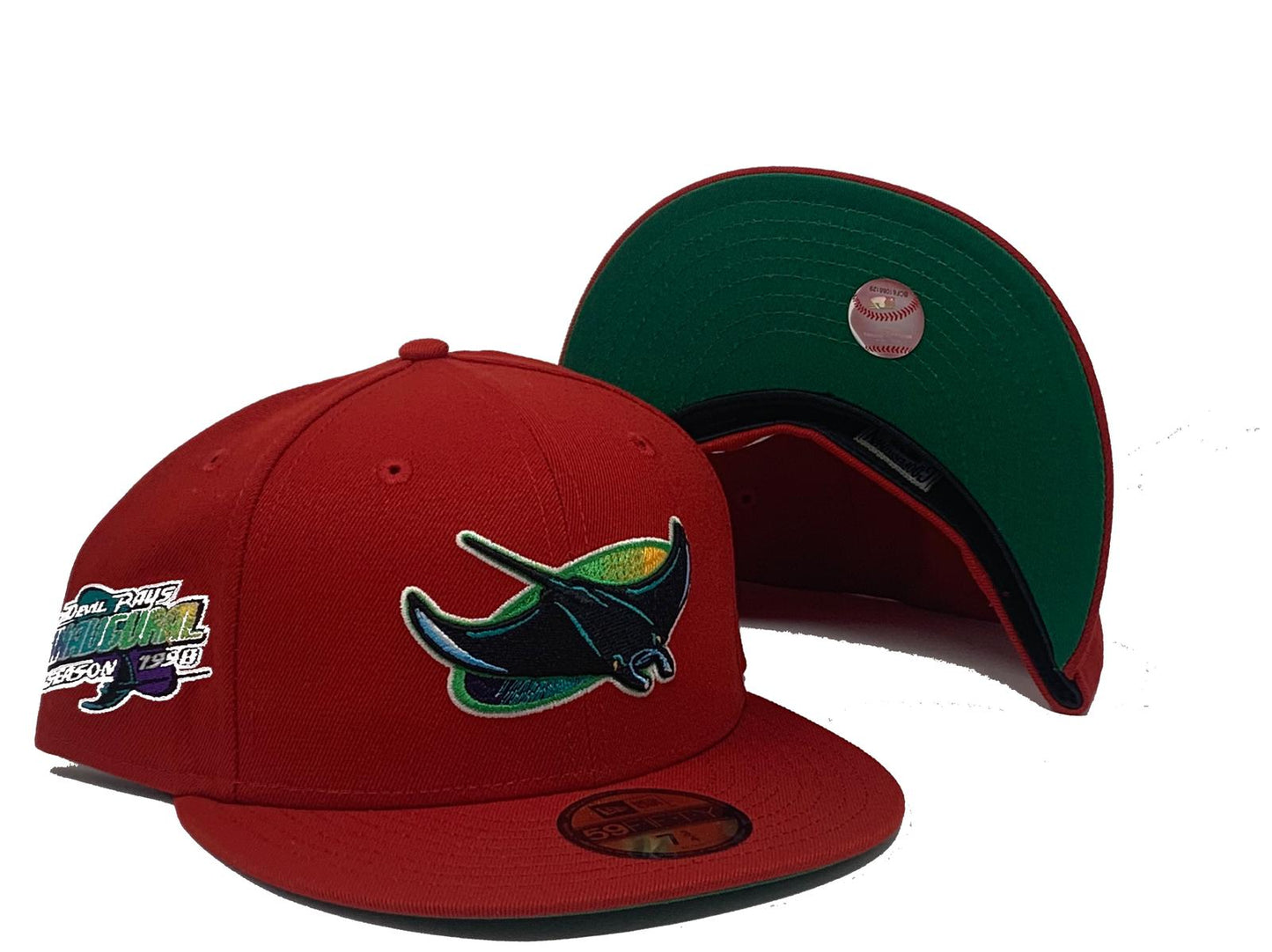 TAMPA BAY DEVIL RAYS 1998 INAUGURAL SEASON RED GREEN BRIM NEW ERA FITTED HAT