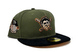 PITTSBURGH PIRATES 1887 ESTABLISHED OLIVE BLACK CORDUROY VISOR PEACH BRIM NEW ERA FITTED HAT