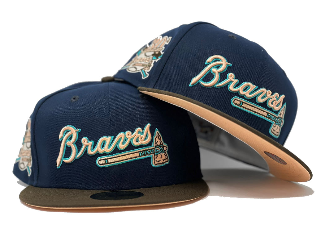 ATLANTA BRAVES 30TH ANNIVERSARY LIGHT NAVY BROWN VISOR PEACH BRIM NEW ERA FITTED HAT