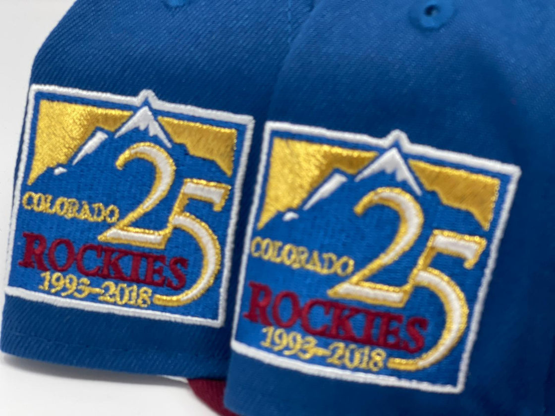 COLORADO ROCKIES 25TH ANNIVERSARY SEASHORE BLUE METALLIC GOLD BRIM NEW ERA FITTED HAT