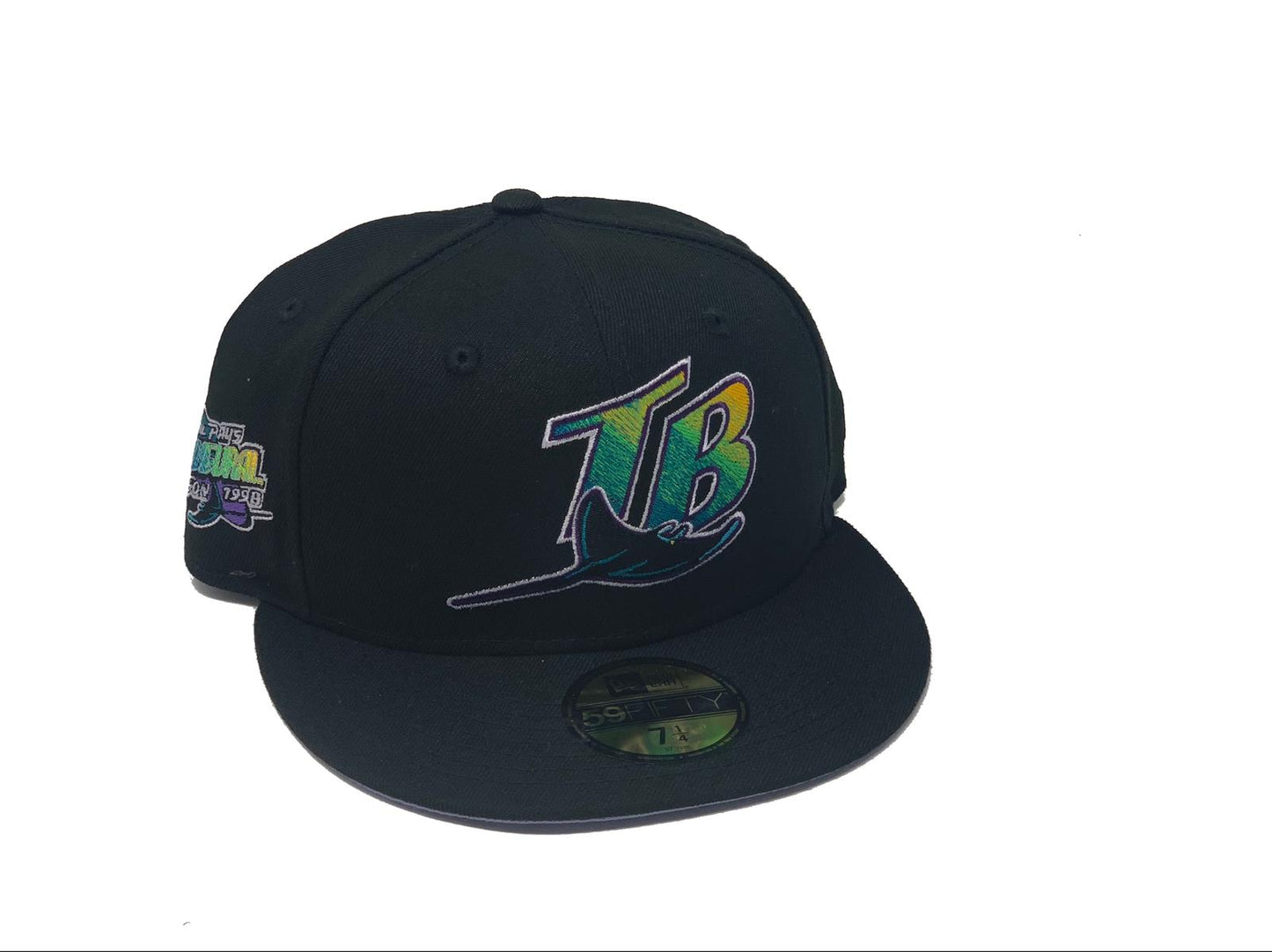TAMPA BAY 1998 INAUGURAL SEASON BLACK LAVENDER BRIM NEW ERA FITTED HAT
