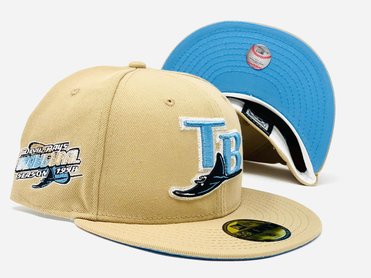 TAMPA BAY DEVIL RAYS 1998 INAUGURAL SEASON TAN ICY BRIM NEW ERA FITTED HAT