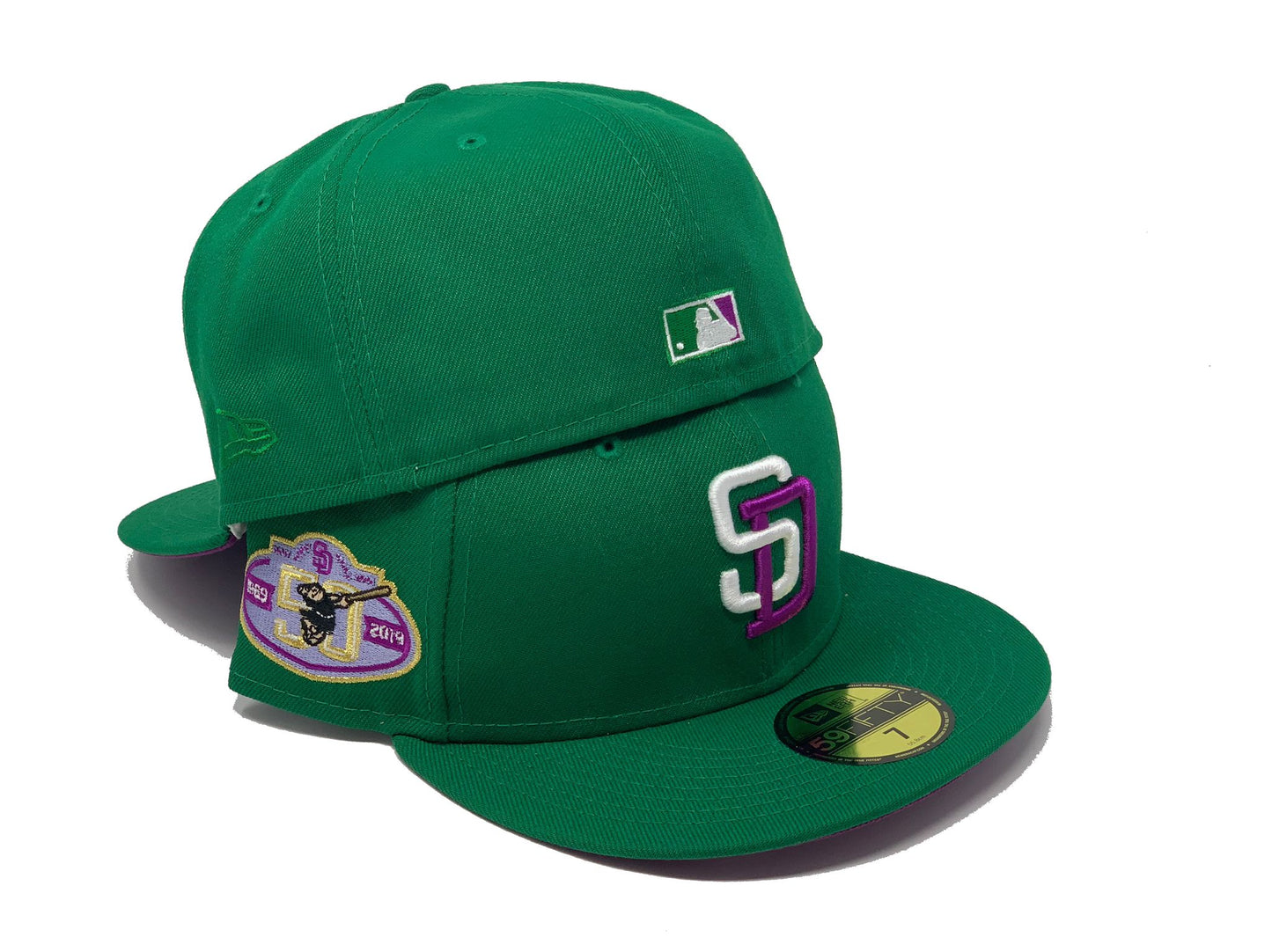 SAN DIEGO PADRES 50TH ANNIVERSARY GREEN PURPLE BRIM NEW ERA FITTED HAT