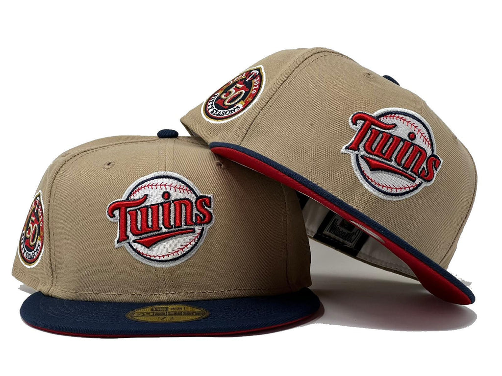 MINNESOTA TWINS 50TH ANNIVERSARY CAMEL NAVY VISOR RED BRIM NEW ERA FITTED HAT