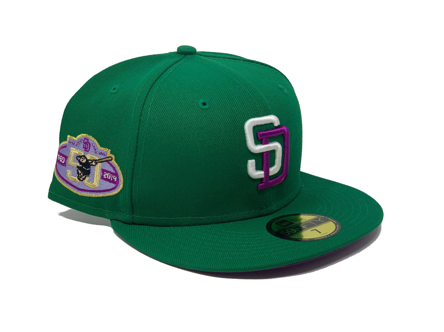 SAN DIEGO PADRES 50TH ANNIVERSARY GREEN PURPLE BRIM NEW ERA FITTED HAT