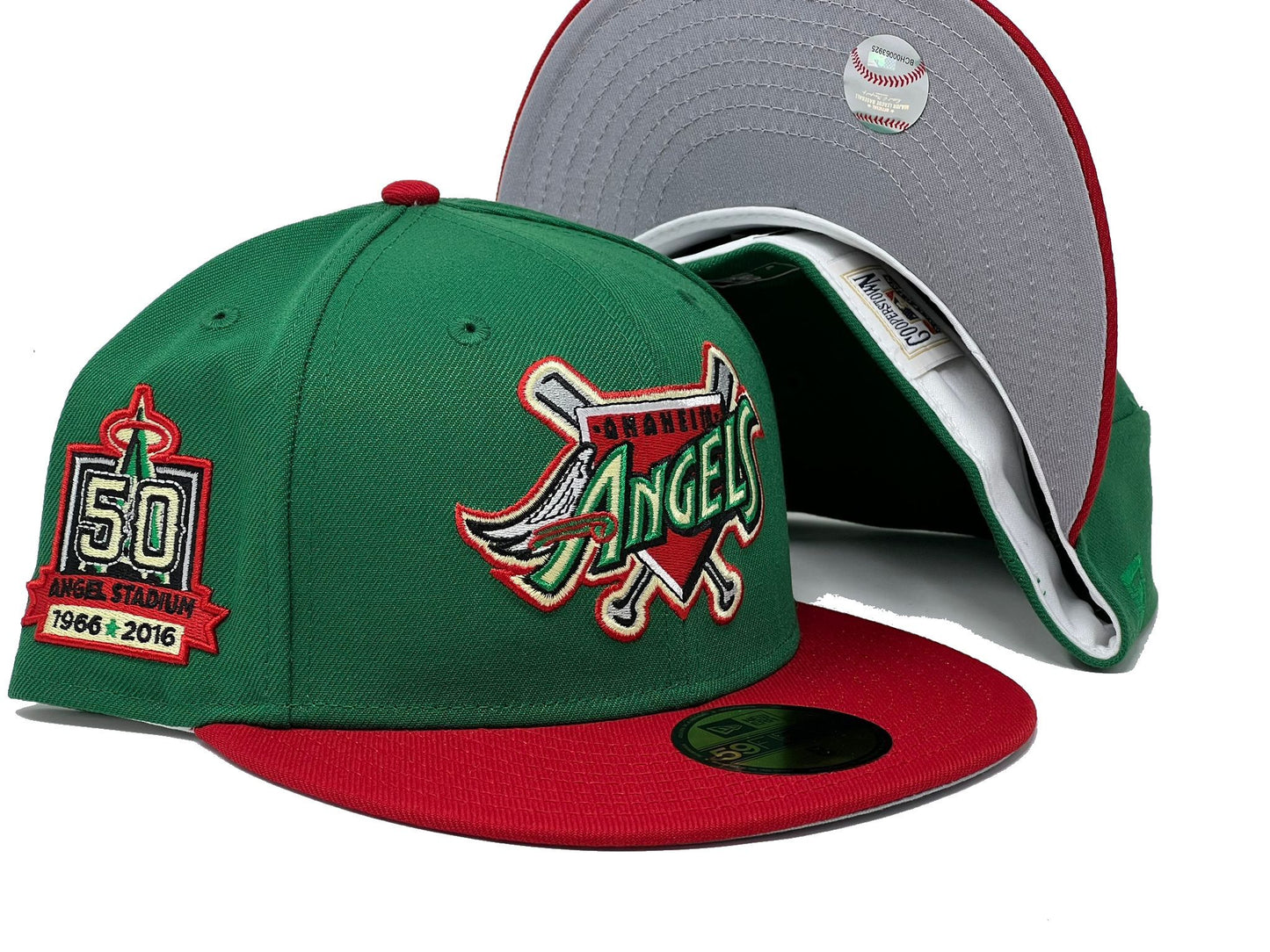 Angels 50th Annivesary "XMAS COLLECTION" Green Red Visor Gray Brim New Era Fitted Hat
