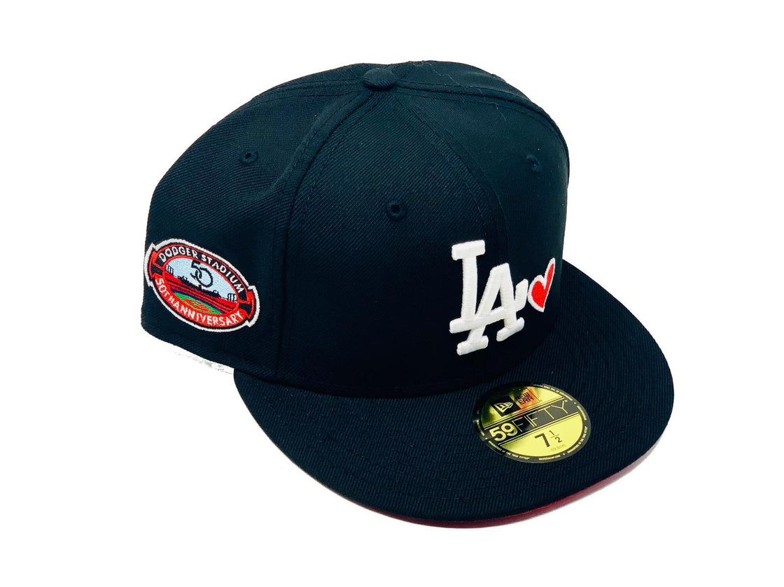 LOS ANGELES DODGERS 50TH ANNIVERSARY WITH HEART BLACK RED BRIM NEW ERA FITTED HAT