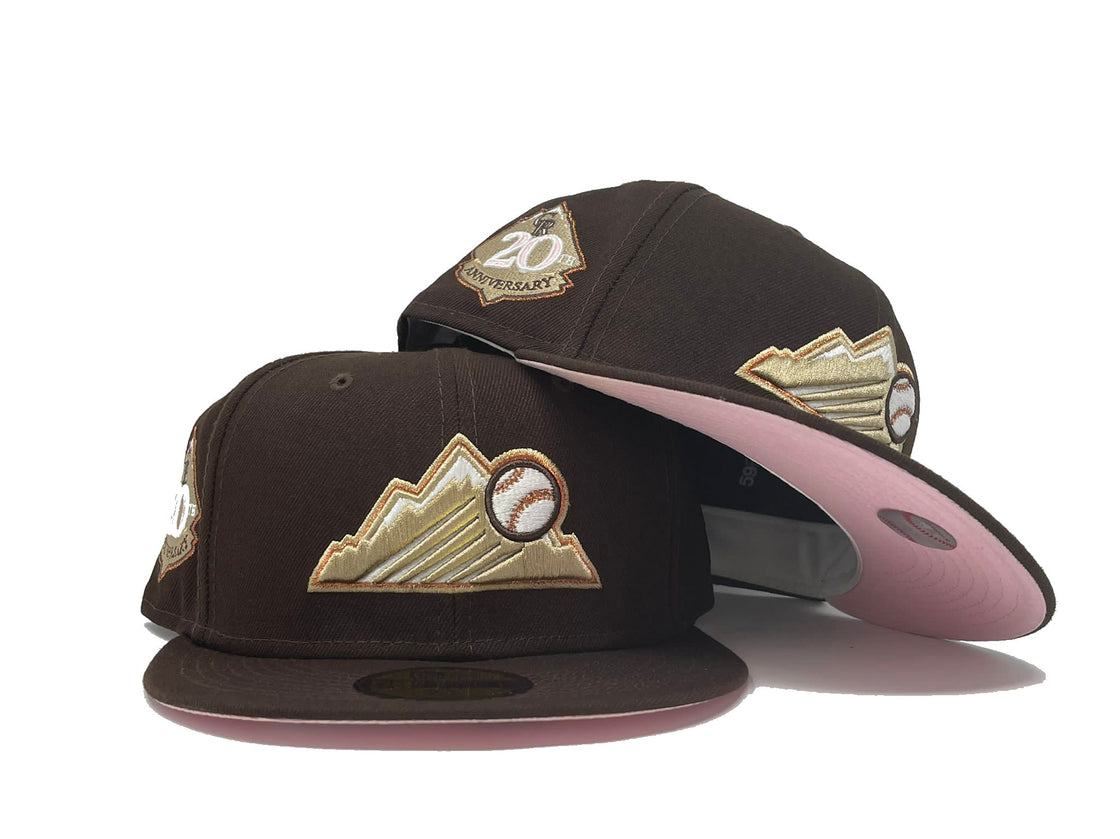 COLORADO ROCKIES 20TH ANNIVERSARY DEEP BROWN PINK BRIM NEW ERA FITTED HAT