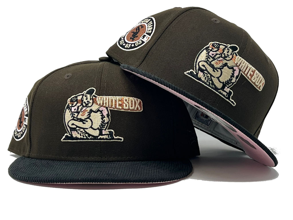 CHICAGO WHITE SOX 100 YEARS ANNIVERSARY BROWN BLACK CORDUROY VISOR PINK BRIM NEW ERA FITTED HAT