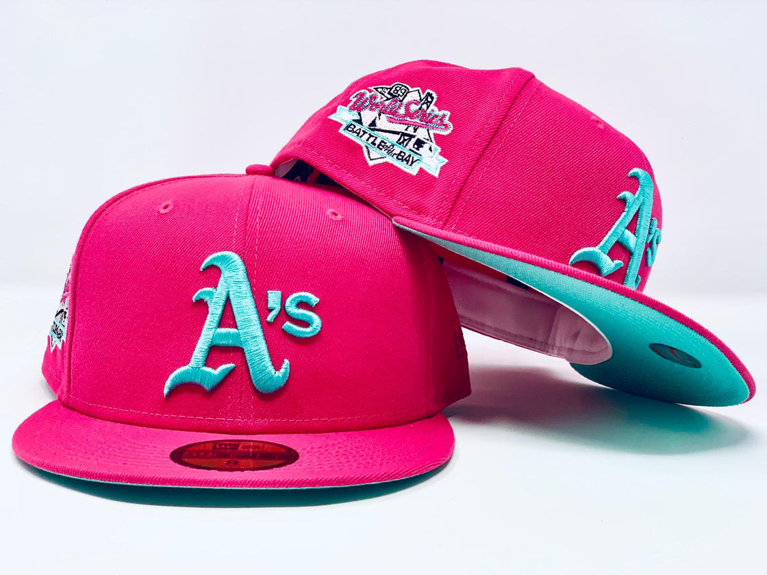 OAKLAND ATHLETICS 1989 BATTLE OF THE BAY WORLD SERIES HOT PINK SEA GLASS BRIM NEW ERA FITTED HAT