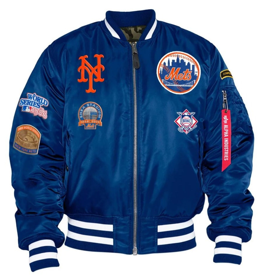 NEW YORK METS 2X WORLD CHAMPIONS ALPHA INDUSTRIES M-1 REVERSIBLE FLIGHT JACKET