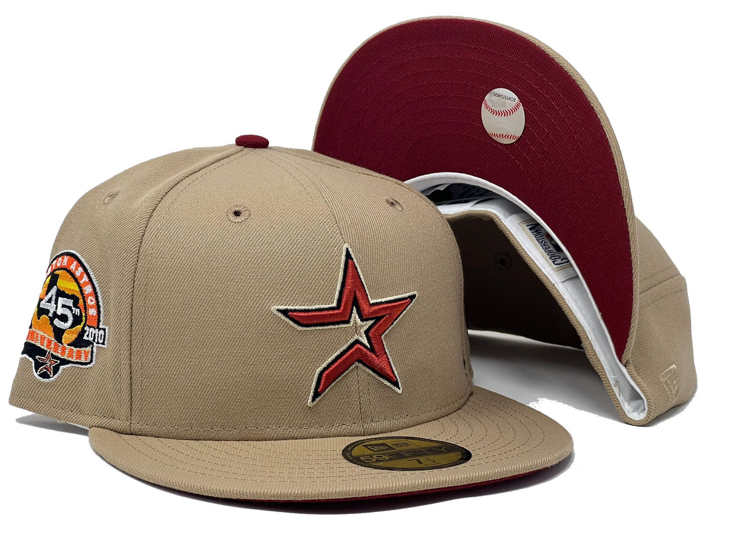HOUSTON ASTROS 45TH ANNIVERSARY CAMEL BURGUNDY BRIM NEW ERA FITTED HAT