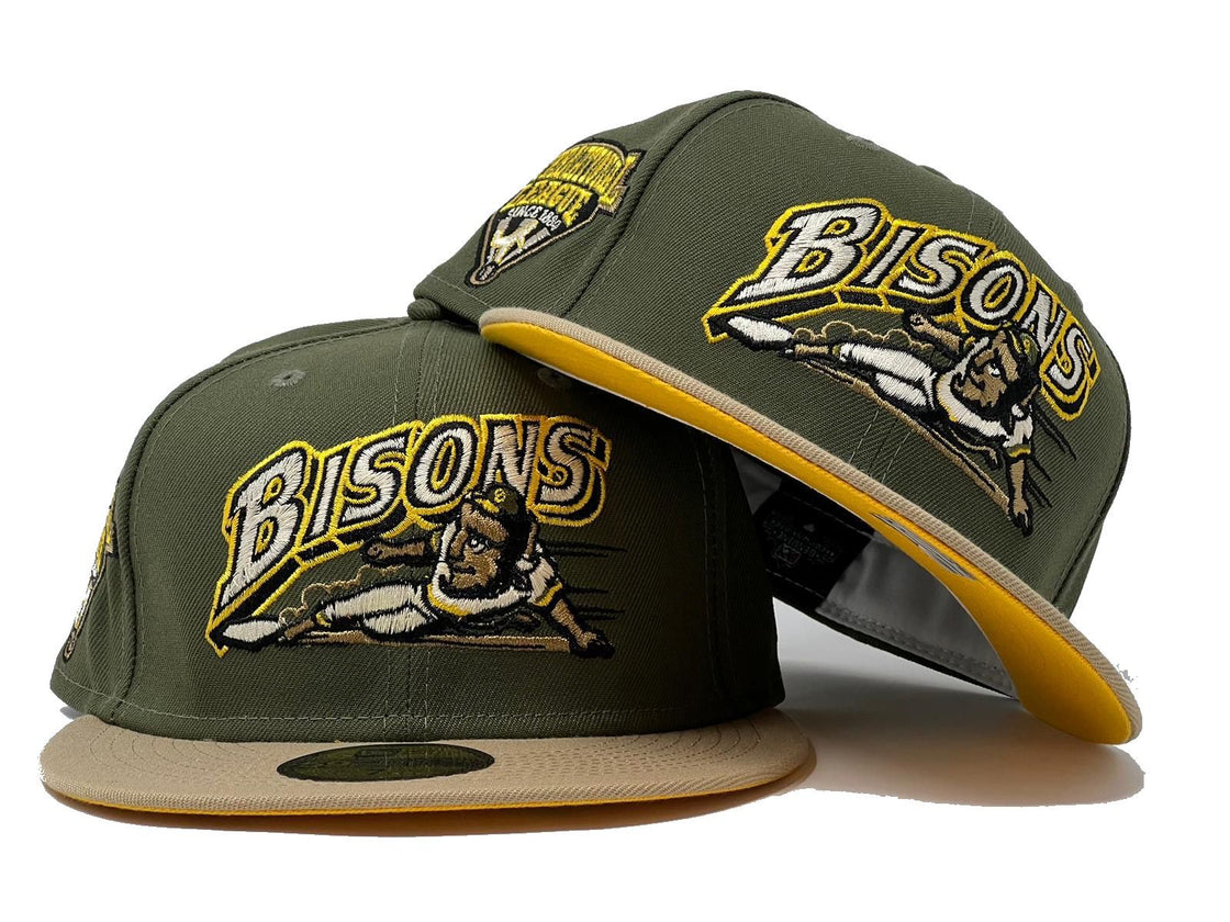 BUFALLO BISONS INTERNATIONAL LEAGUE OLIVE CAMEL TAXI YELLOW BRIM NEW ERA FITTED HAT