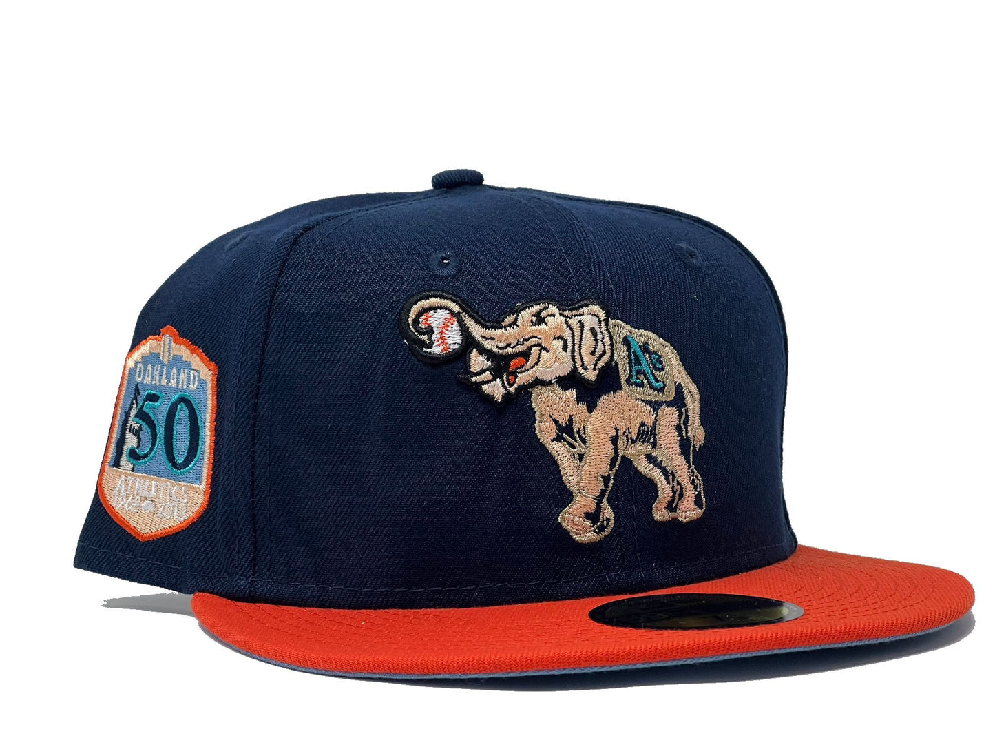 OAKLAND ATHLETICS 50TH ANNIVERSARY LIGHT NAVY ORANGE VISOR ICY BRIM NEW ERA FITTED HAT