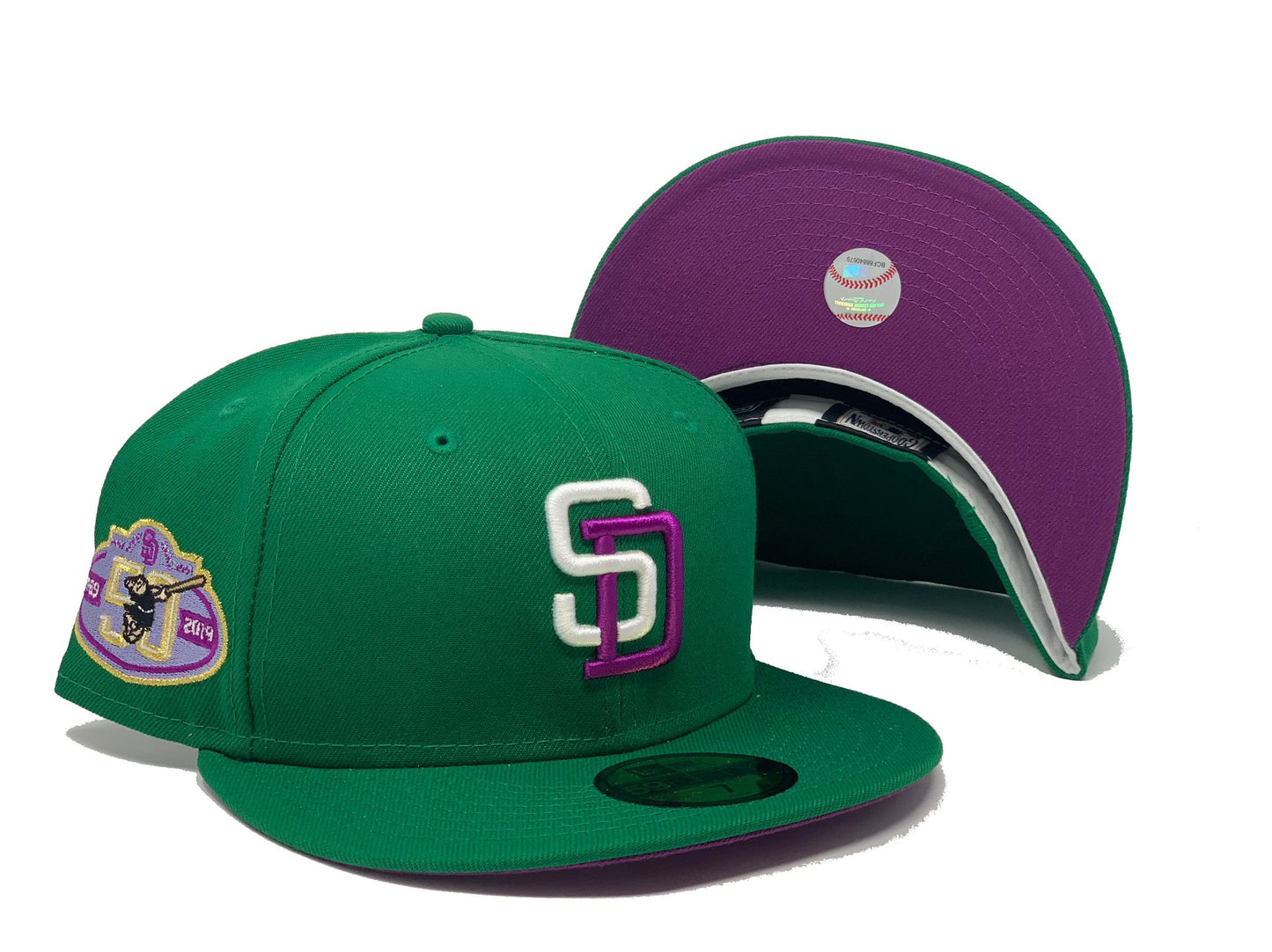 SAN DIEGO PADRES 50TH ANNIVERSARY GREEN PURPLE BRIM NEW ERA FITTED HAT