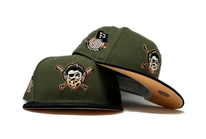 PITTSBURGH PIRATES 1887 ESTABLISHED OLIVE BLACK CORDUROY VISOR PEACH BRIM NEW ERA FITTED HAT