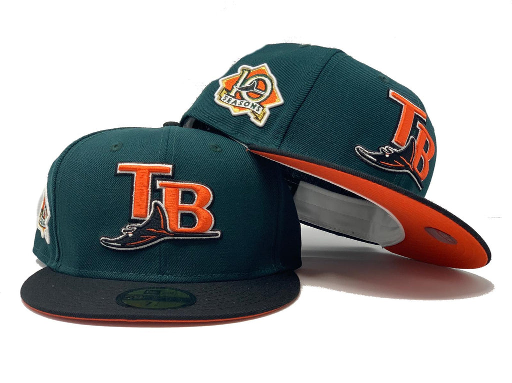 TAMPA BAY 10TH SEASONS DARK GREEN CAP BLACK VISOR ORANGE BRIM NEW ERA FITTED HAT