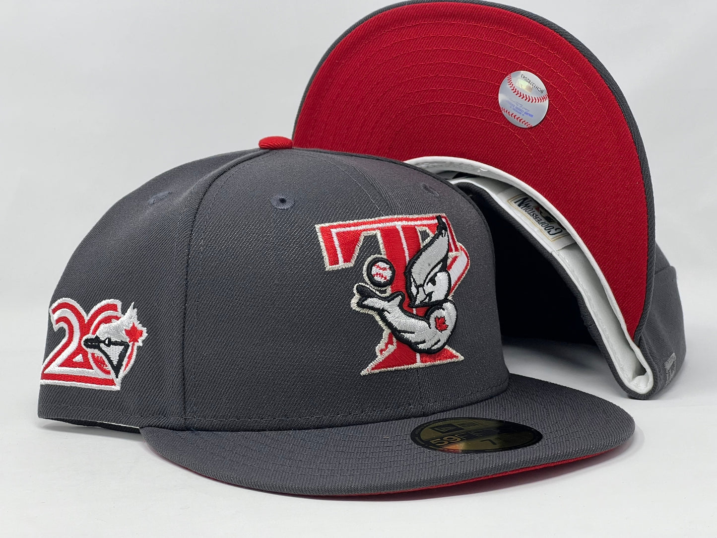 Toronto Blue Jays 20th Anniversary Dark Gray Red Brim New Era Fitted Hat