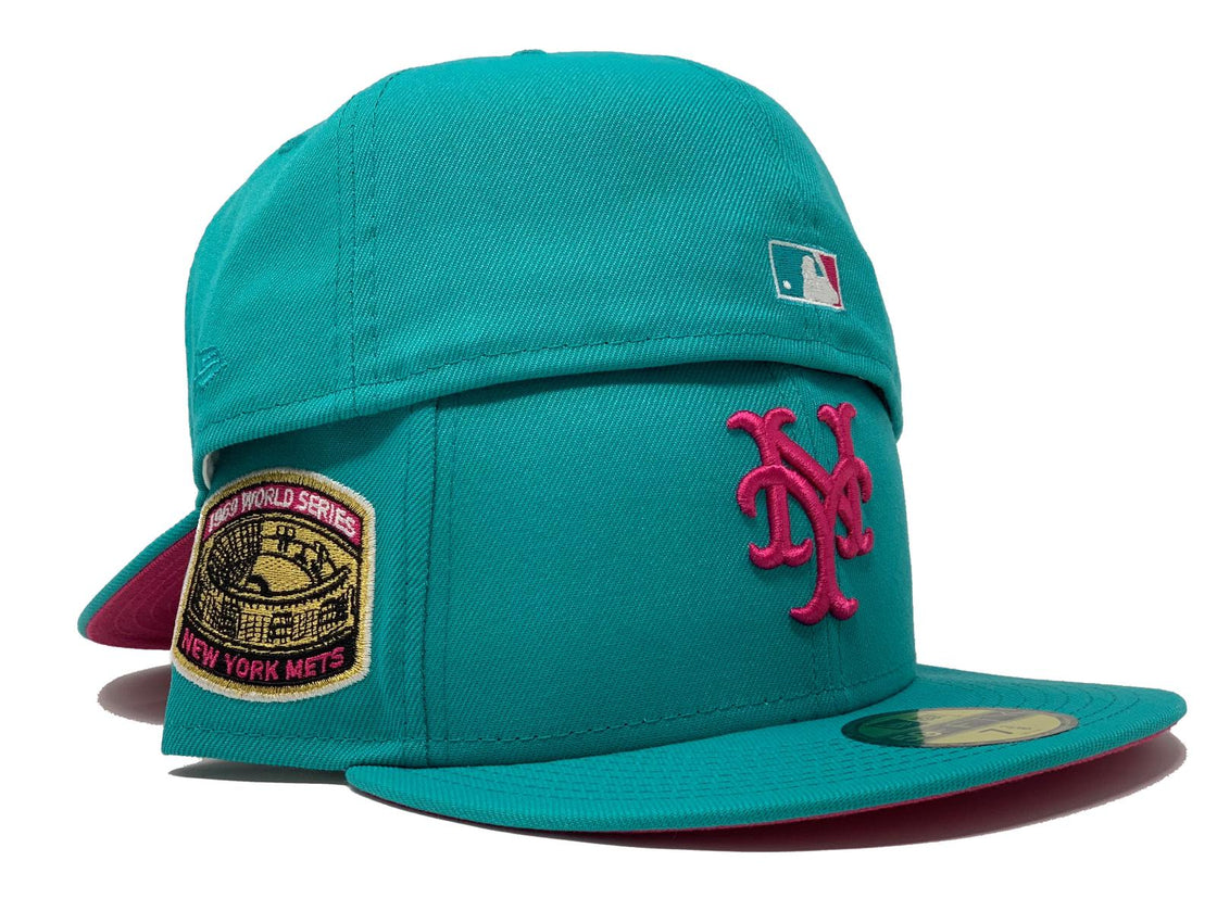 NEW YORK METS 1969 WORLD SERIES TEAL FUSION PINK BRIM NEW ERA FITTED HAT