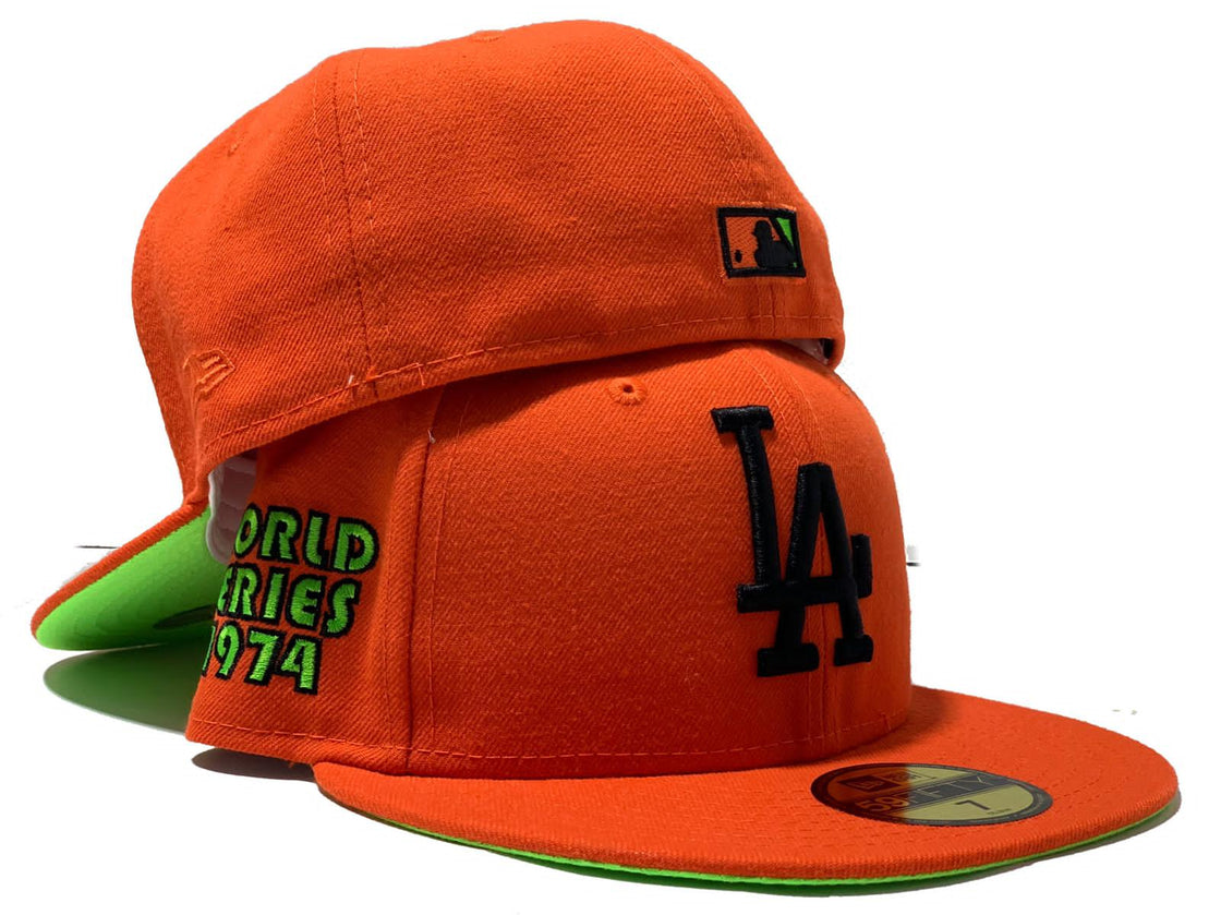 LOS ANGELES DODGERS 1975 WORLD SERIES ORANGE NEON GREEN BRIM NEW ERA FITTED HAT