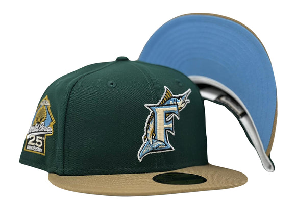 FLORIDA MARLINS 25TH ANNIVERSARY DARK GREEN CAMEL VISOR ICY BRIM NEW ERA FITTED HAT