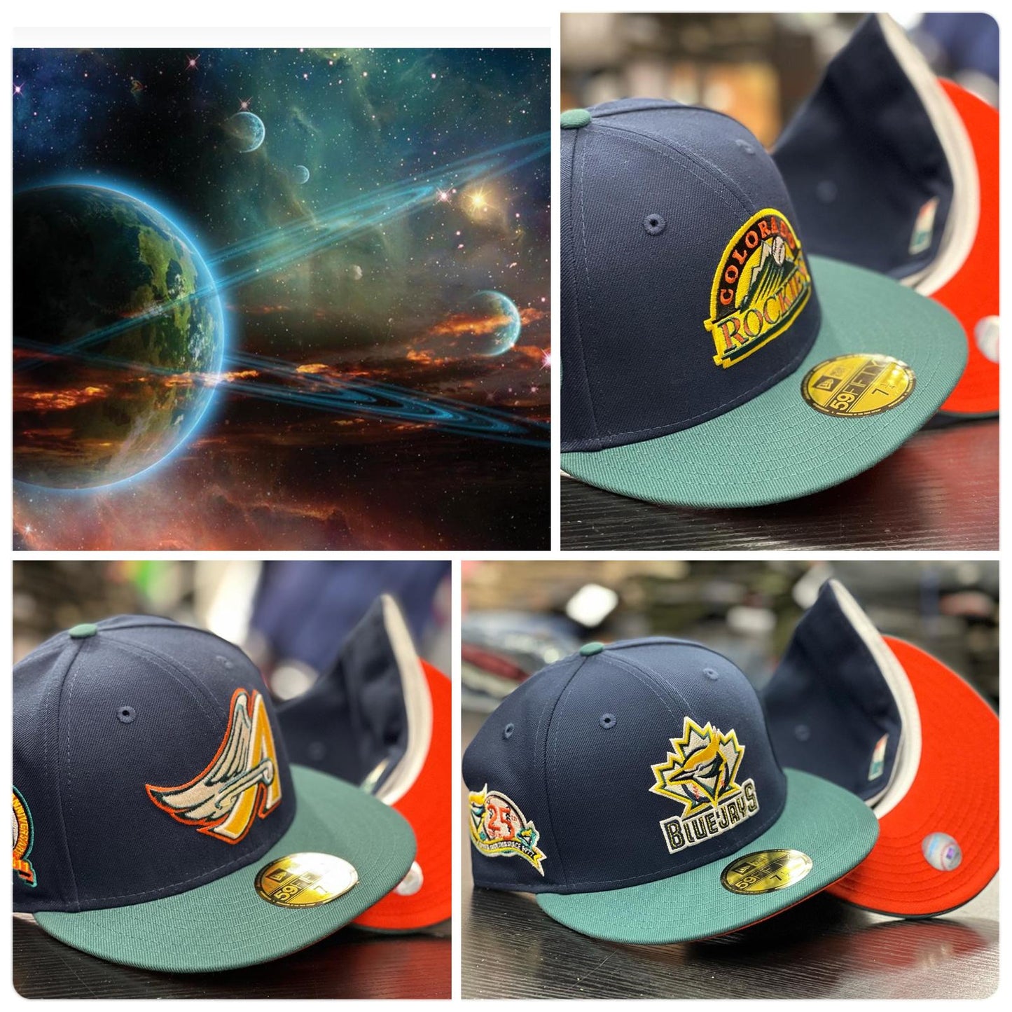 TORONTO BLUE JAYS 25TH ANNIVERSARY "SPACE PACK" NAVY AQUA GREEN VISOR ORANGE NEW ERA FITTED HAT