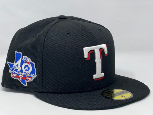 TEXAS RANGERS 40TH ANNIVERSARY BLACK GREEN BRIM NEW ERA FITTED HAT