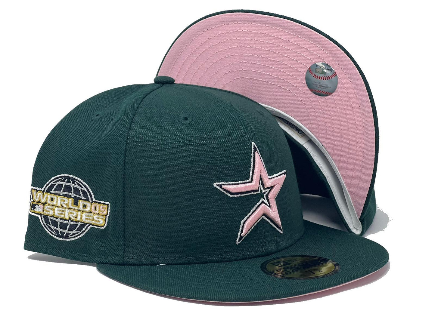 HOUSTON ASTROS 2005 WORLD SERIES DARK GREEN PINK BRIM NEW ERA FITTED HAT