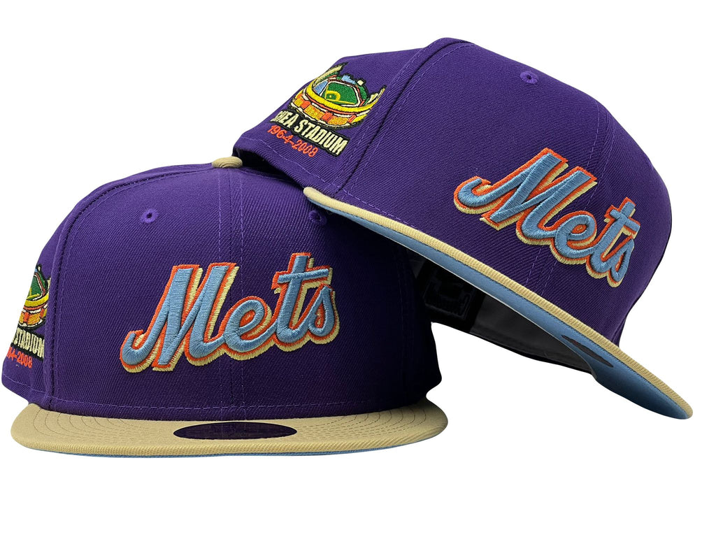 NEW YORK METS SHEA STADIUM DEEP PURPLE VEGAS GOLD VISOR ICY BRIM NEW ERA FITTED HAT