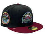 COLORADO ROCKIES 10TH ANNIVERSARY BLACK CORDUROYICY BURGUNDY VISOR ICY BRIM NEW ERA FITTED HAT
