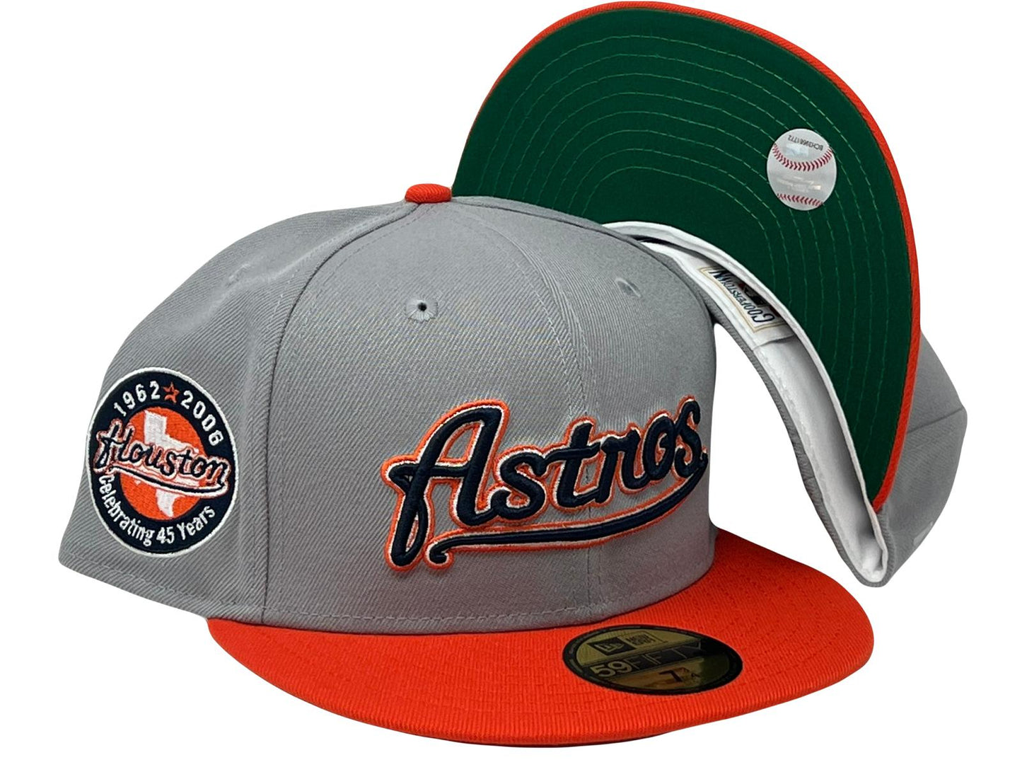 HOUSTON ASTROS 45TH ANNIVERSARY LIGHT GRAY ORANGE VISOR GREEN BRIM NEW ERA FITTED HAT