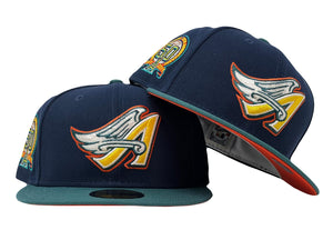 LOS ANGELES ANGELS 50TH ANNIVERSARY "SPACE PACK" NAVY AQUA GREEN VISOR ORANGE BRIM NEW ERA FITTED HAT