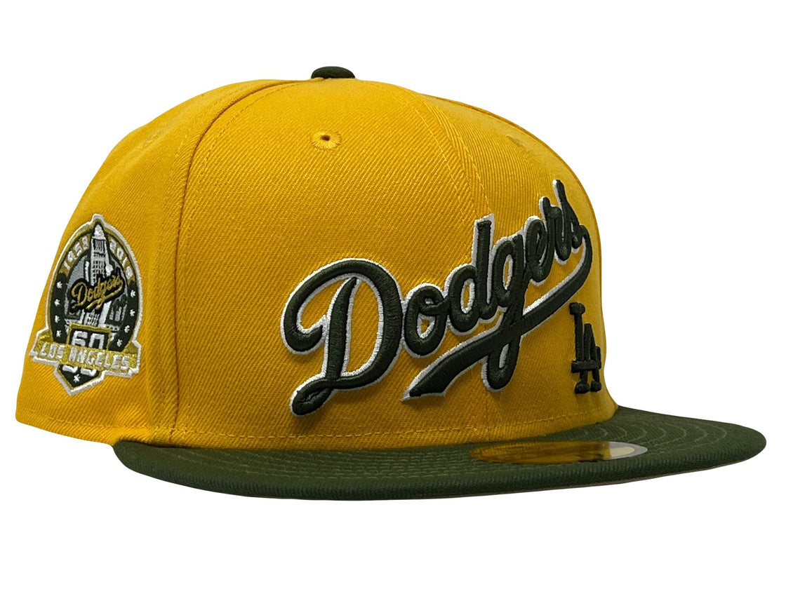 LOS ANGELES DODGERS 60TH ANNIVERSARY TAXI YELLOW OLIVE VISOR CAMEL BRIM NEW ERA FITTED HAT