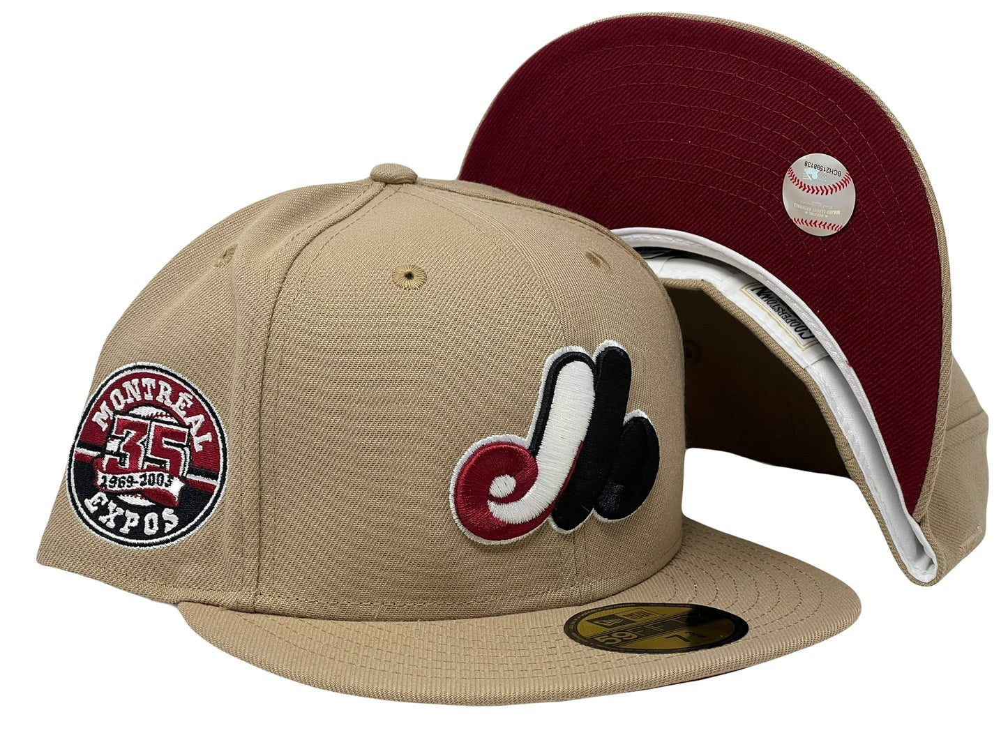 MONTREAL EXPOS 35TH ANNIVERSARY CAMEL BURGUNDY BRIM NEW ERA FITTED HAT