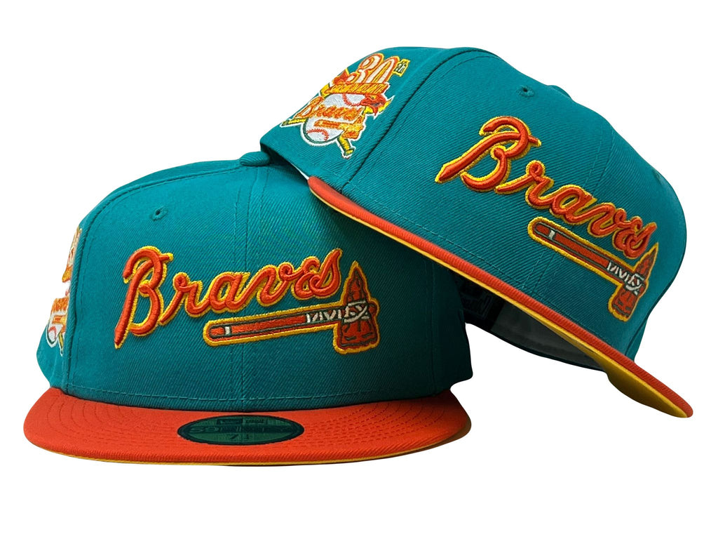 Atlanta Braves 30th Anniversary Aqua Green Orange Visor Yellow Brim New Era Fitted Hat