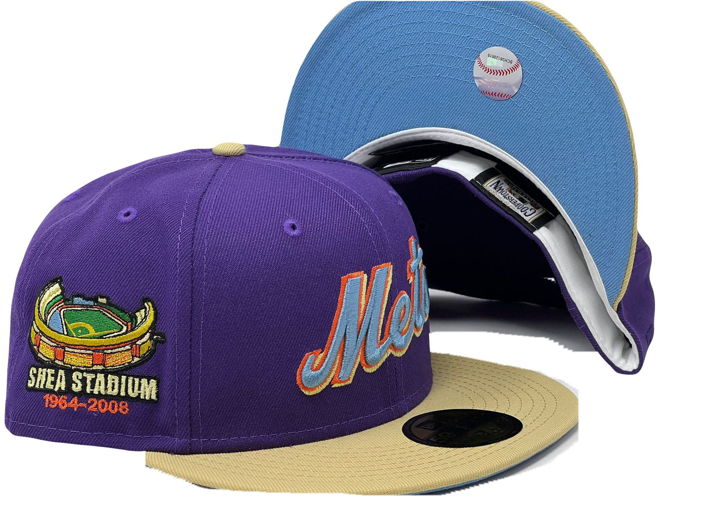NEW YORK METS SHEA STADIUM DEEP PURPLE VEGAS GOLD VISOR ICY BRIM NEW ERA FITTED HAT