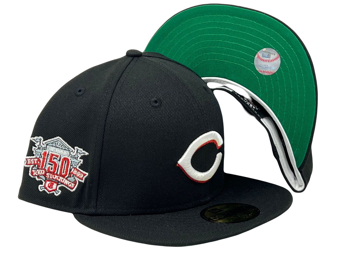 CINCINNATI REDS 150TH ANNIVERSARY BLACK GREEN BRIM NEW ERA FITTED HAT