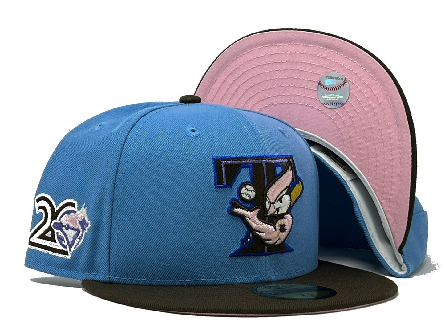 TORONTO BLUE JAYS 20TH ANNIVERSARY SKY BLUE BROWN PINK BRIM NEW ERA FITTED HAT