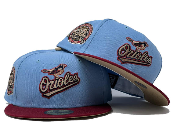 BALTIMORE ORIOLES 30TH ANNIVERSARY SKY BURGUNDY TOAST BRIM NEW ERA FITTED HAT