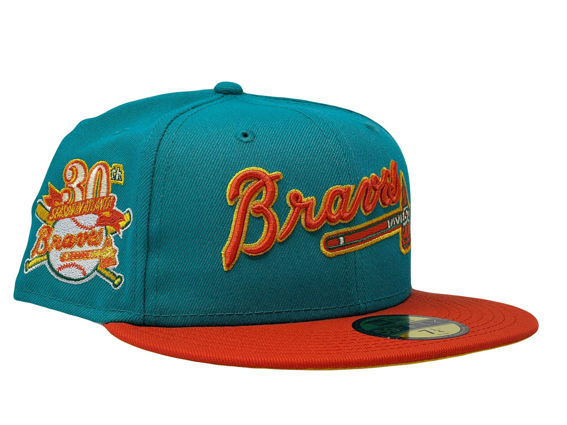Atlanta Braves 30th Anniversary Aqua Green Orange Visor Yellow Brim New Era Fitted Hat