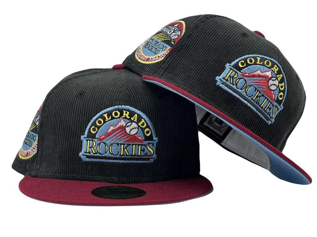 COLORADO ROCKIES 10TH ANNIVERSARY BLACK CORDUROYICY BURGUNDY VISOR ICY BRIM NEW ERA FITTED HAT