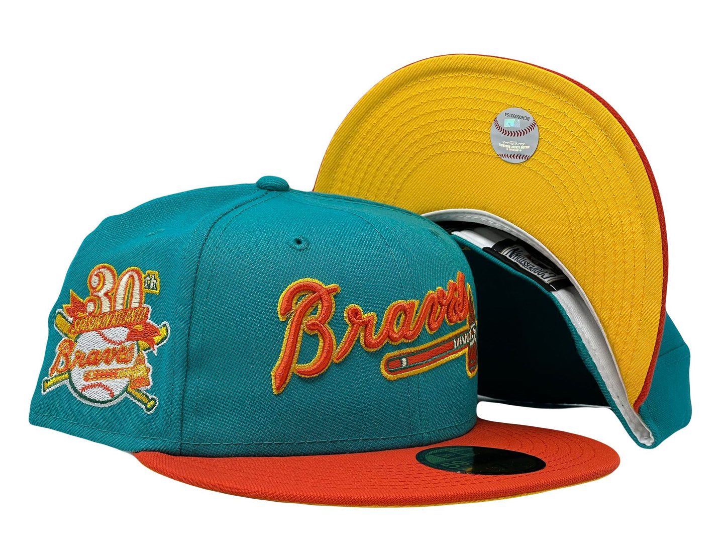 Atlanta Braves 30th Anniversary Aqua Green Orange Visor Yellow Brim New Era Fitted Hat