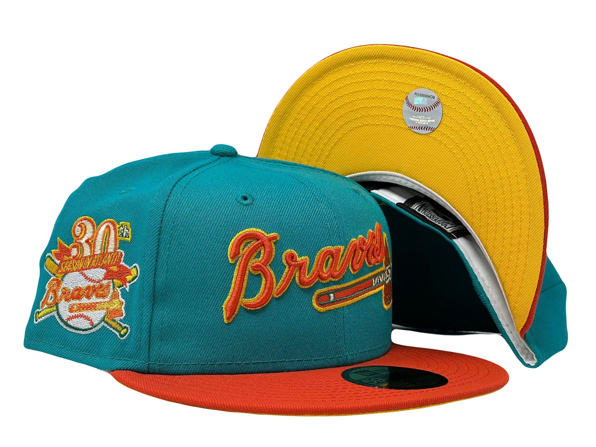 Atlanta Braves 30th Anniversary Aqua Green Orange Visor Yellow Brim New Era Fitted Hat