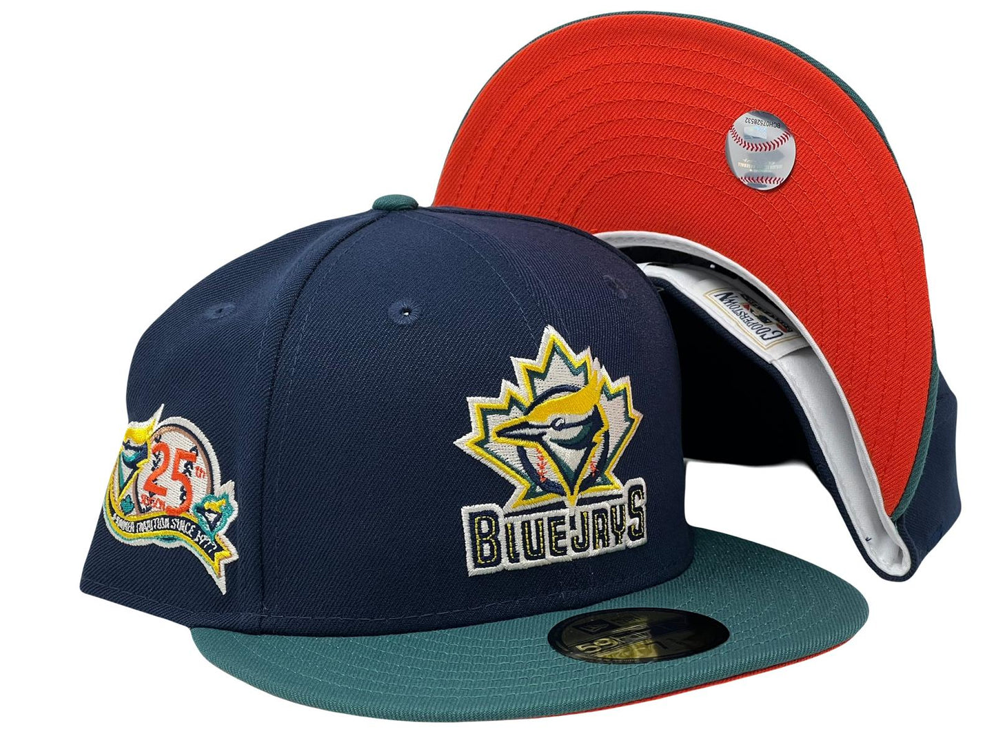 TORONTO BLUE JAYS 25TH ANNIVERSARY "SPACE PACK" NAVY AQUA GREEN VISOR ORANGE NEW ERA FITTED HAT