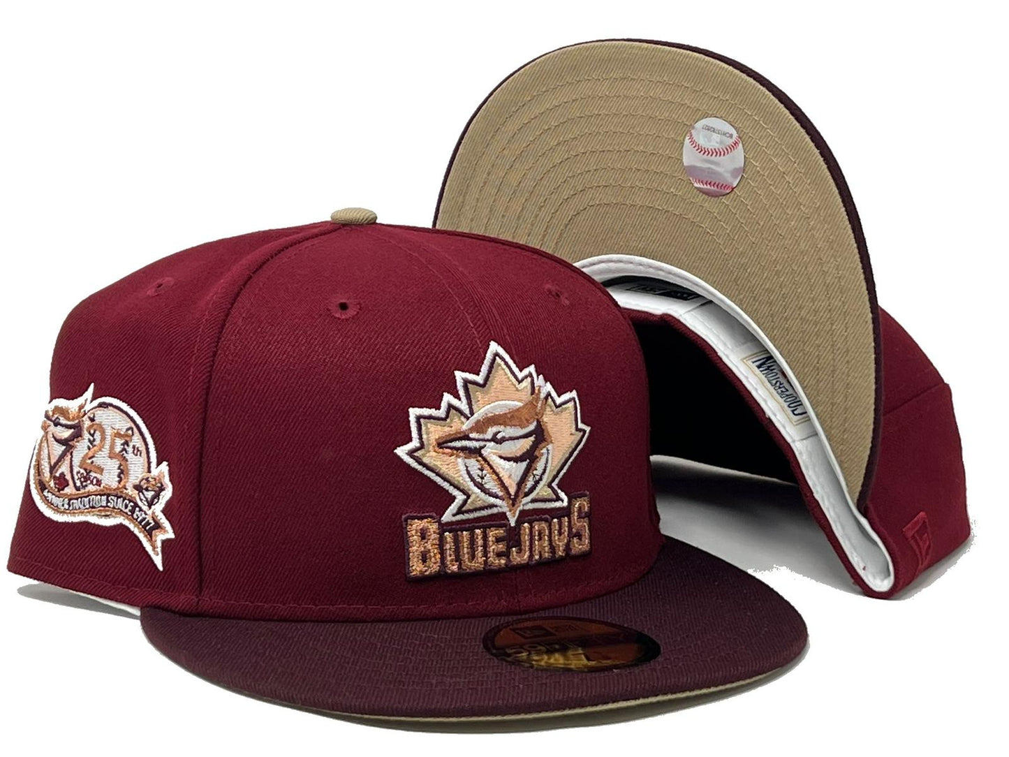 Toronto Blue Jays 25th Anniversary "SHADE OF BURGUNDY" Camel Brim New Era Fitted Hat
