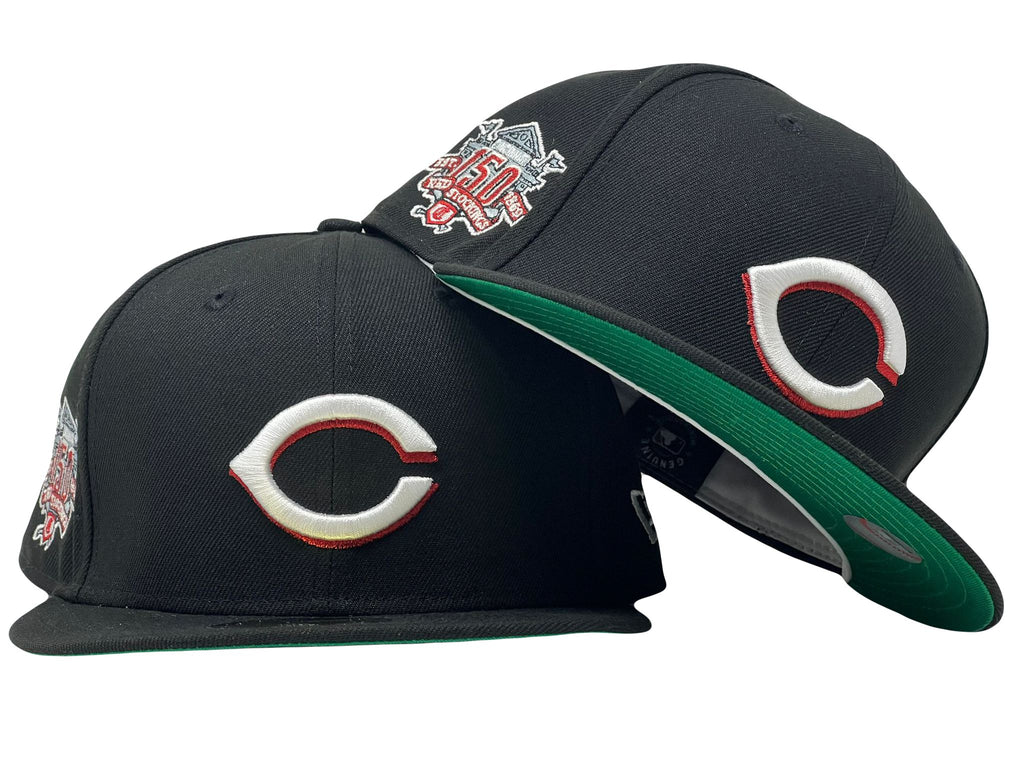 CINCINNATI REDS 150TH ANNIVERSARY BLACK GREEN BRIM NEW ERA FITTED HAT