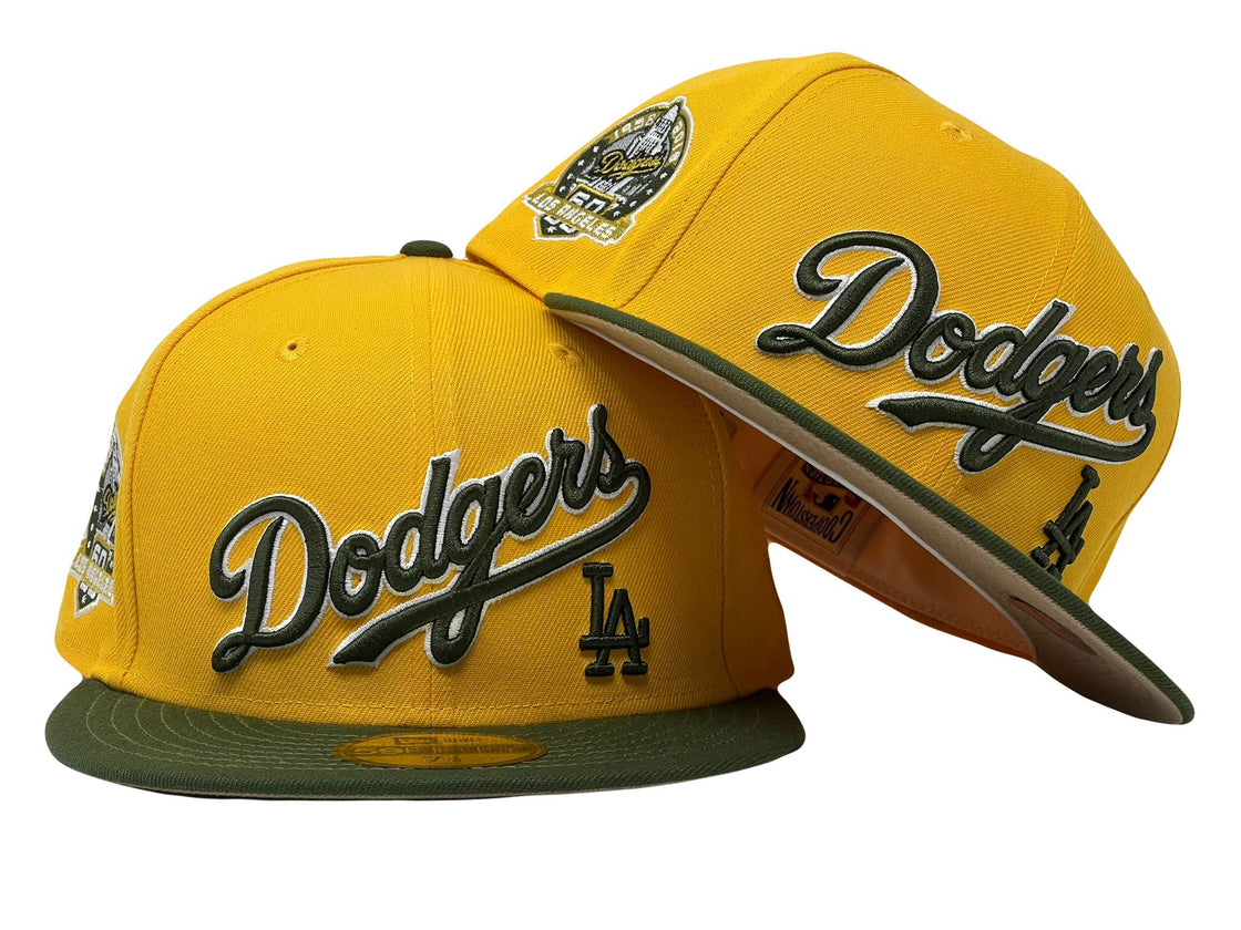 LOS ANGELES DODGERS 60TH ANNIVERSARY TAXI YELLOW OLIVE VISOR CAMEL BRIM NEW ERA FITTED HAT
