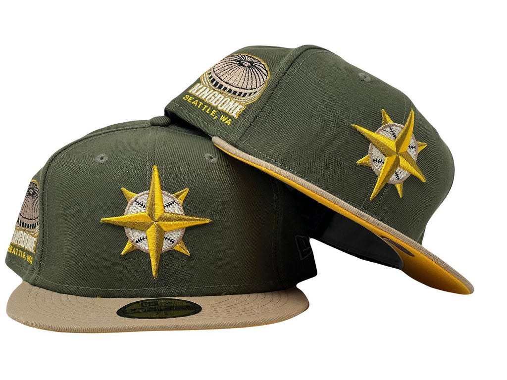 Seattle Mariners Kingdome Stadium Olive Crown Camel Visor Fitted Hats